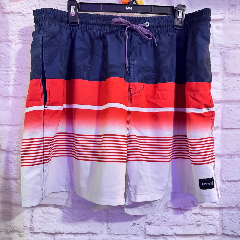 HURLEY Red/White/Blue Striped XXL Swim Trunks